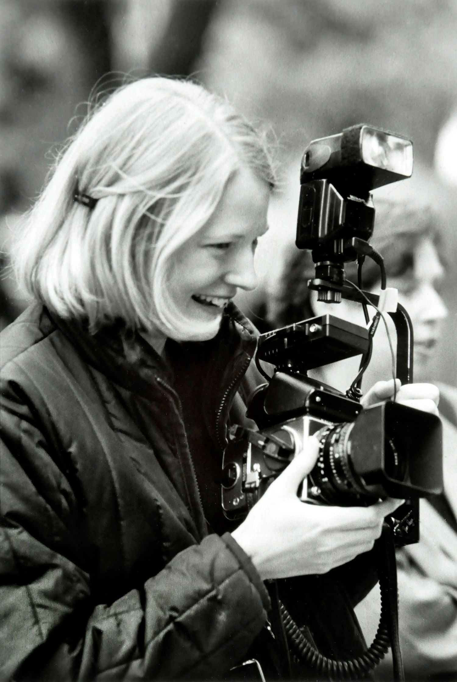 Photographer Linda Smallpage action portrait in black and white