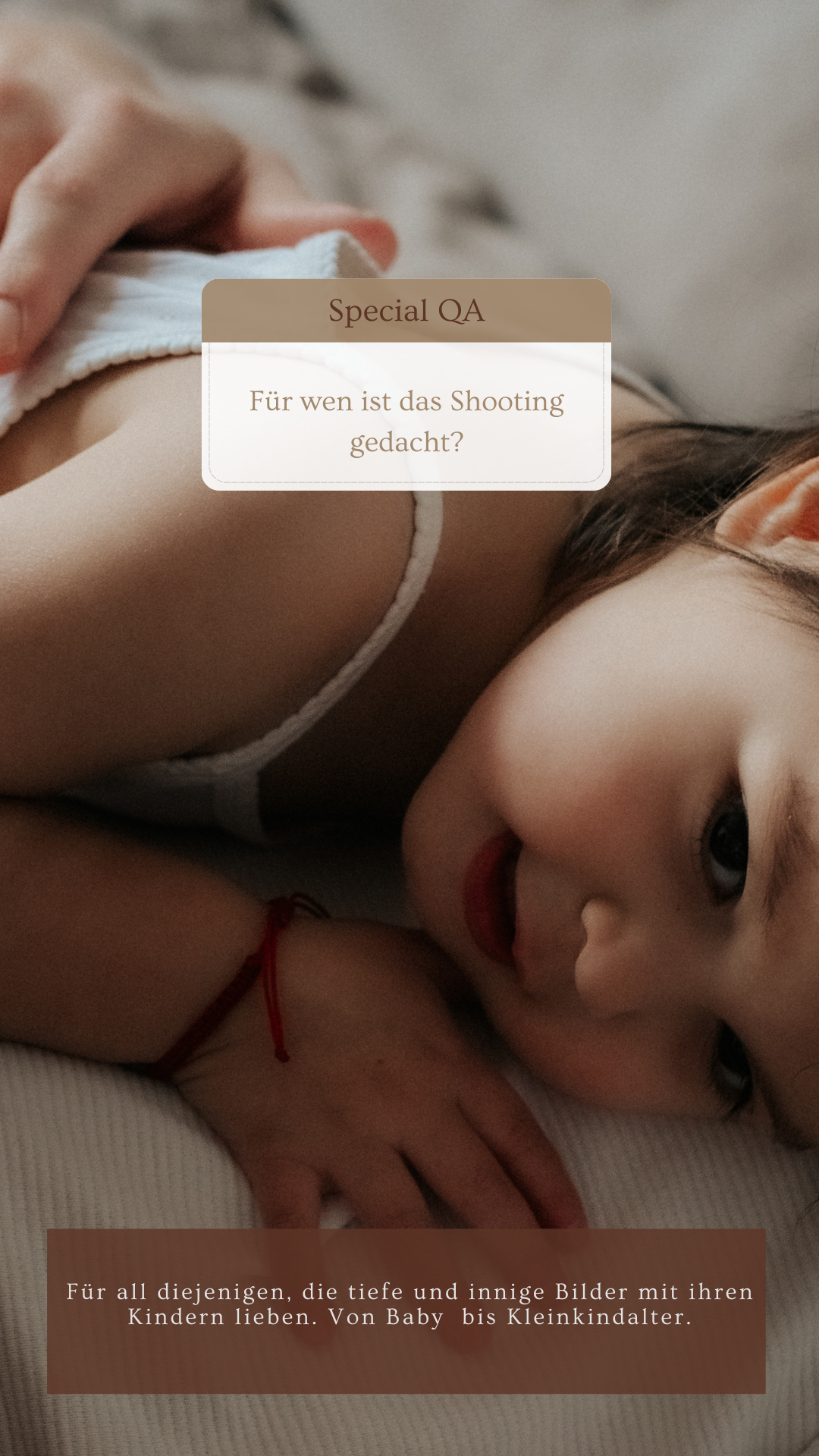 Instagram story template showing text overlay 'Special QA' and German text about baby photo sessions on a soft, warm-toned background.