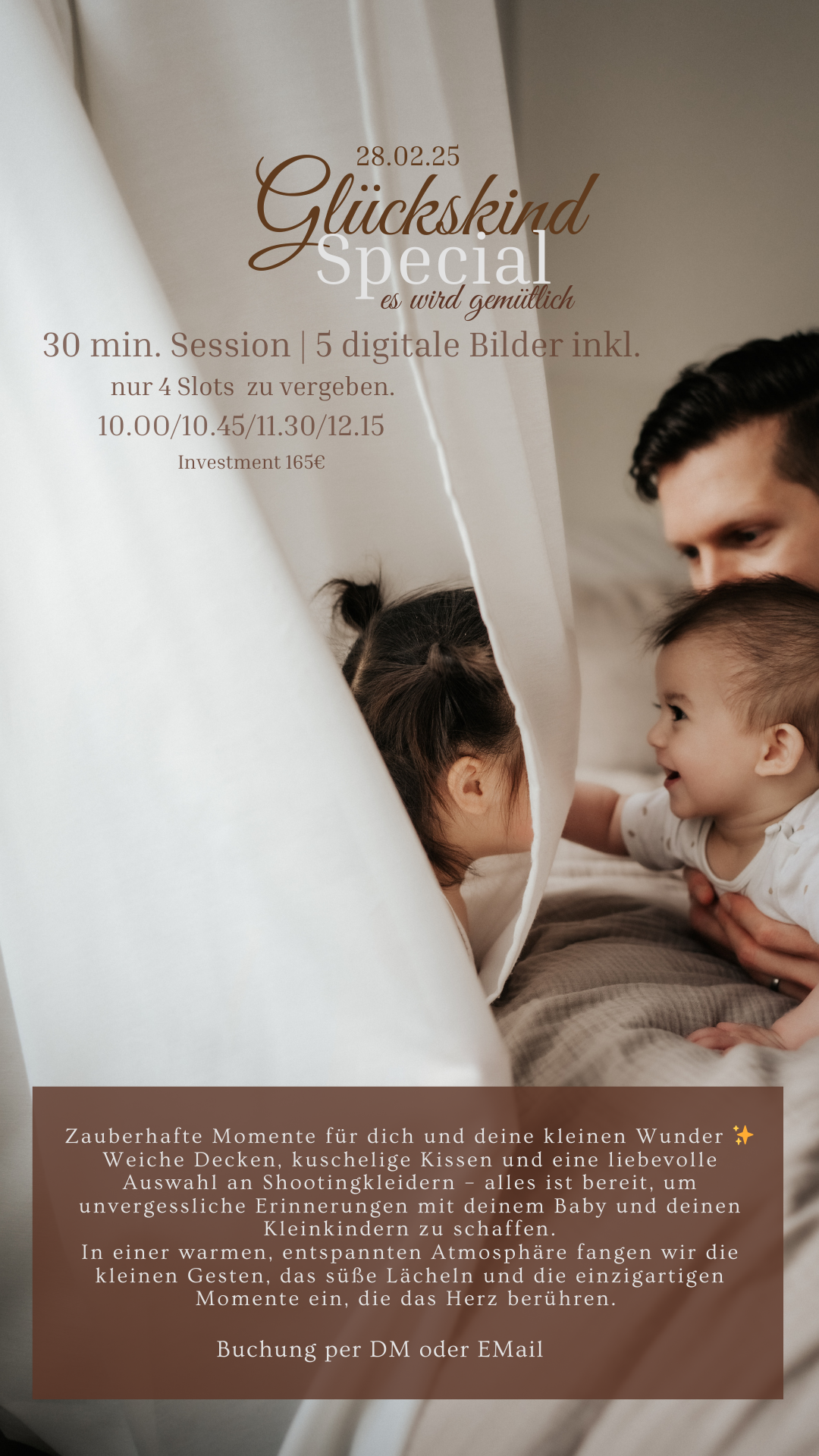 Promotional advertisement for a special photo session showing family members lying together near white curtains.
