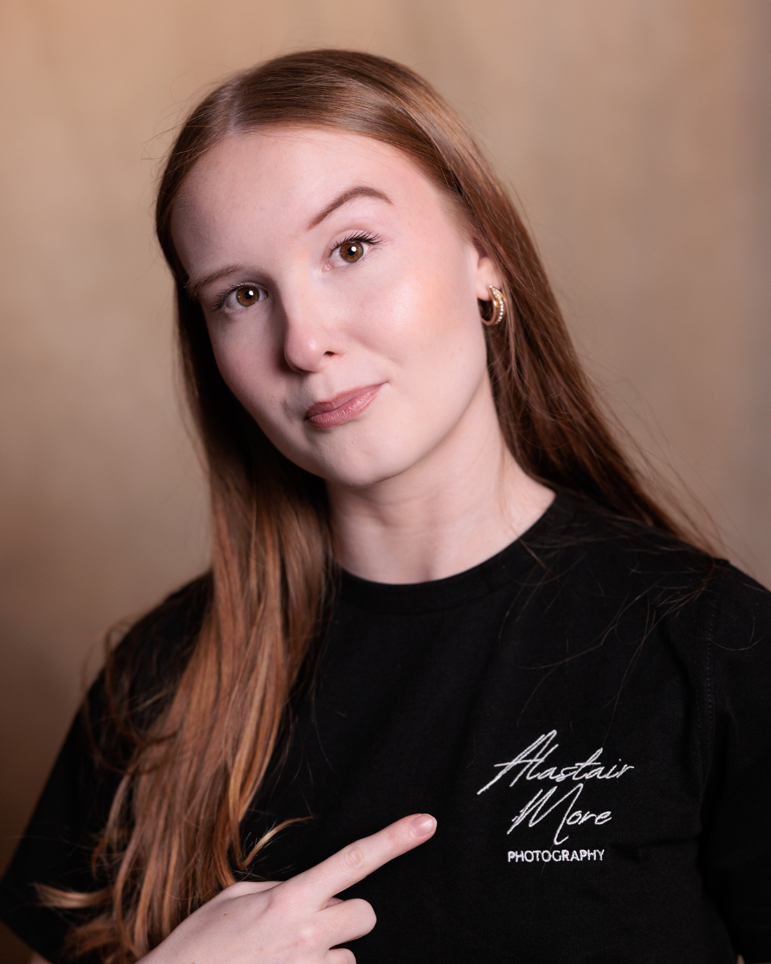 A series of artistic portrait photographs showing different poses against a soft brown backdrop.
