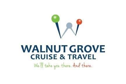 Two travel agency logos side by side showing Walnut Grove Cruise & Travel branding with blue and red accents.