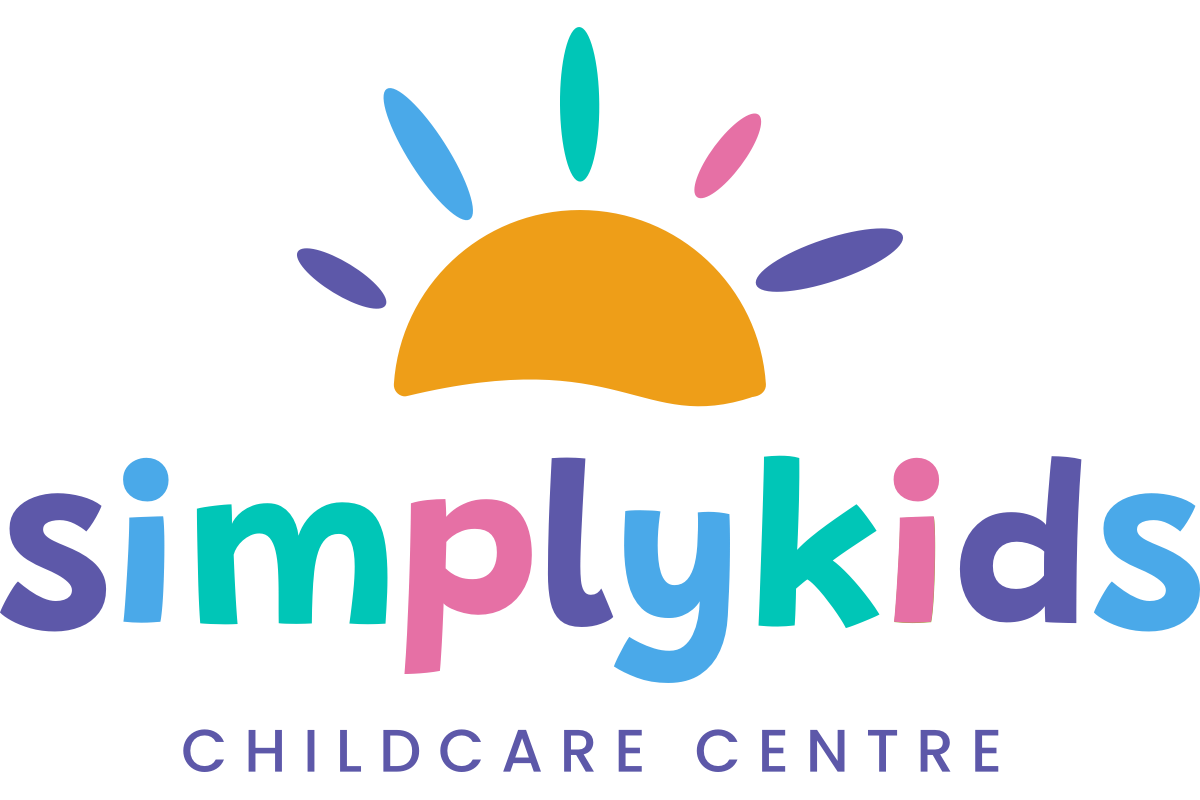 Playful multicolored childcare center logo with text Simply Kids in vibrant lettering.