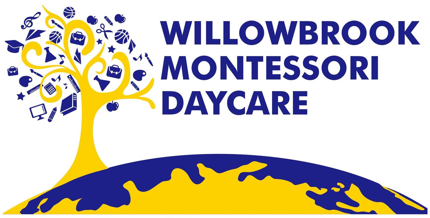 Colorful daycare logo with yellow tree design and blue text reading Willowbrook Montessori Daycare.