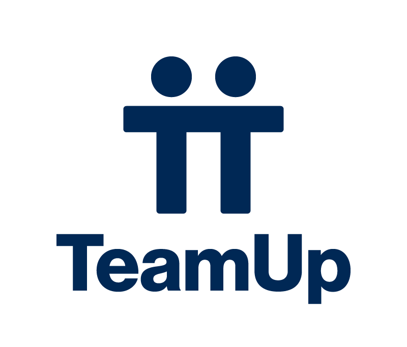 Simple navy blue logo design showing two abstract figures with text TeamUp.