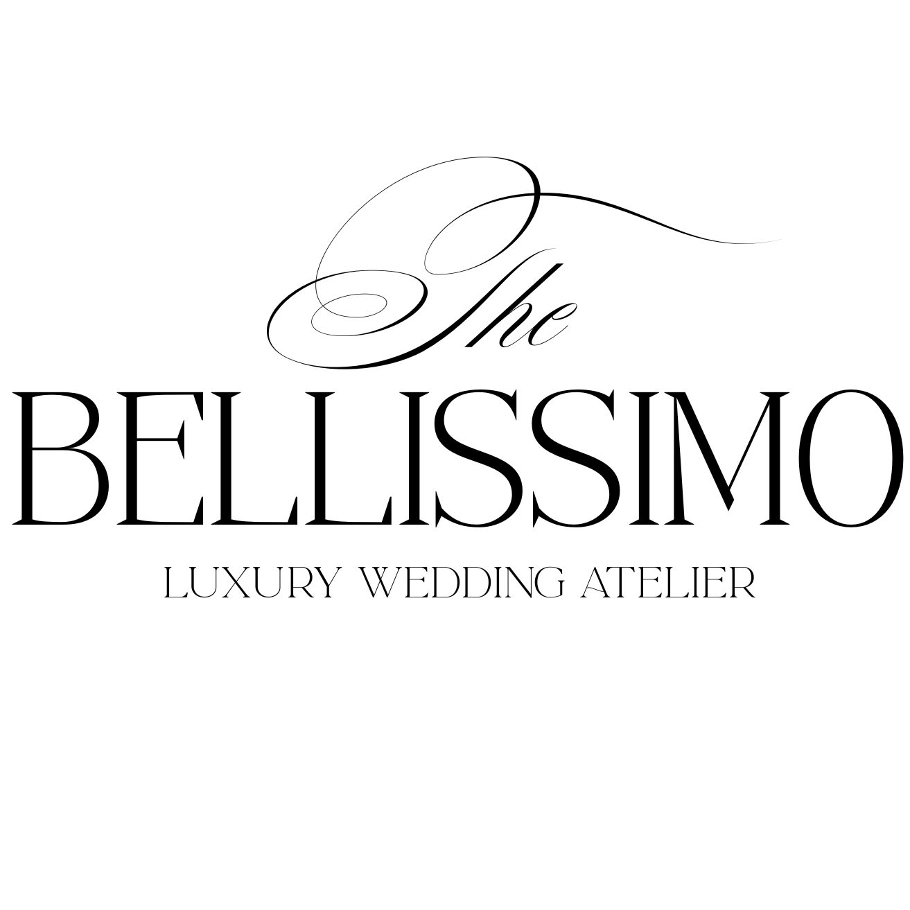 Elegant black and white logo design for Bellissimo luxury wedding atelier with decorative script typography.