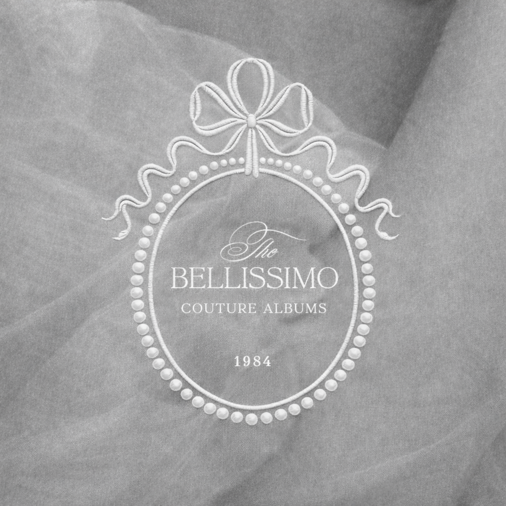 A series of elegant wedding album logos in white text on a gray textured background.