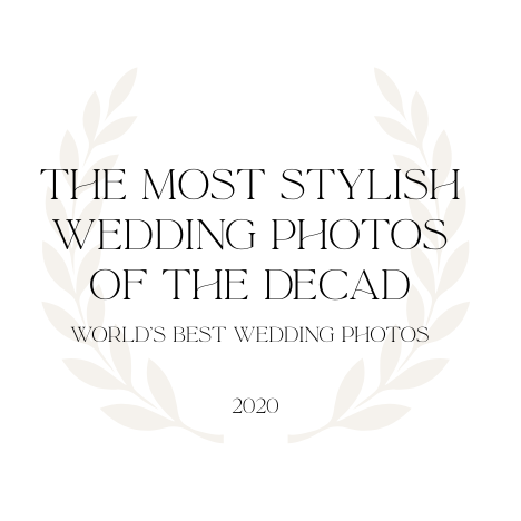Wedding photography award badges arranged in a horizontal row with laurel wreath designs and text on white background.