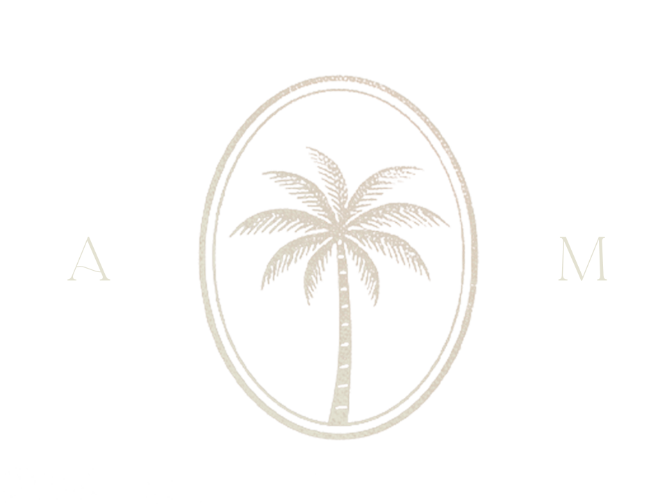 Three minimalist palm tree logo designs in beige tones arranged horizontally against a white background.