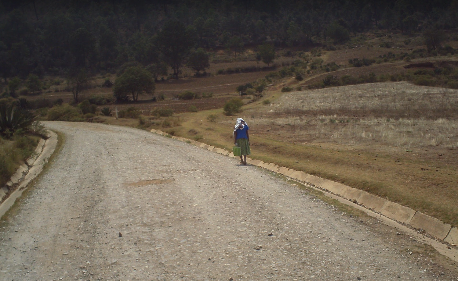 Lone person walking along a rural gravel road through dry hillside landscape.