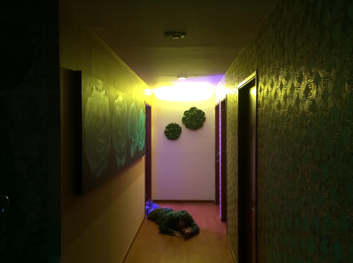 Dimly lit hotel hallway with colorful LED lights and green wall decorations creating an atmospheric corridor.