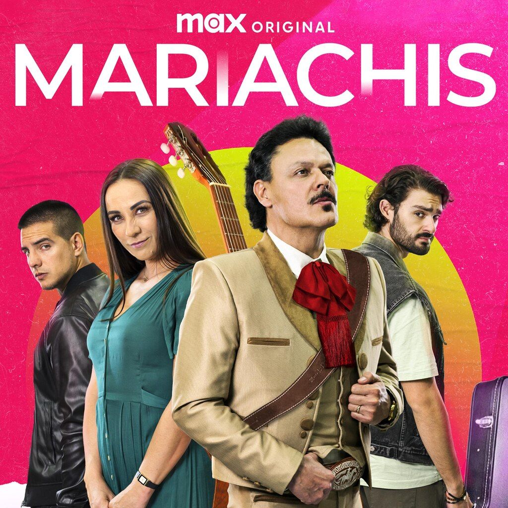 Mariachis Max Original series poster featuring four cast members with colorful pink and yellow background.