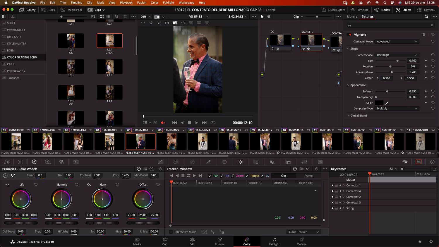 DaVinci Resolve editing timeline showing color grading session with man in suit footage.