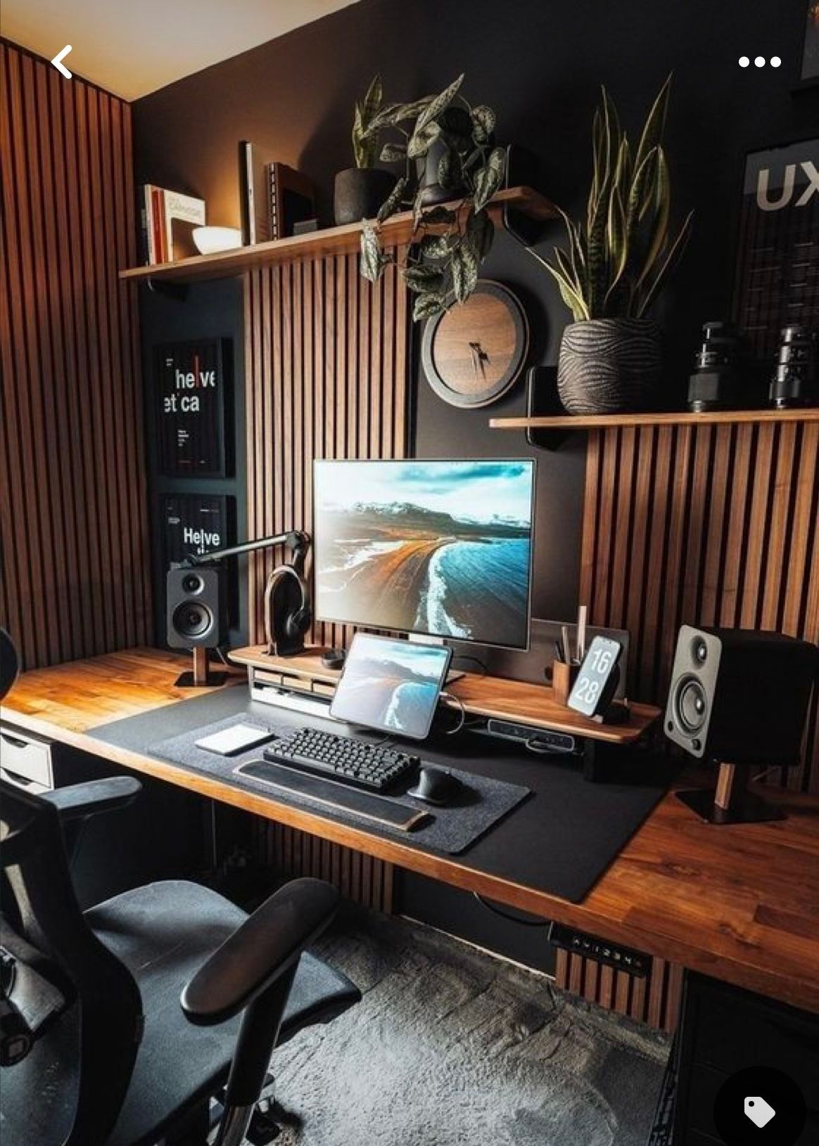 Modern home office setup with wooden desk, dual monitors, studio speakers, and lush plants on wall-mounted shelves.