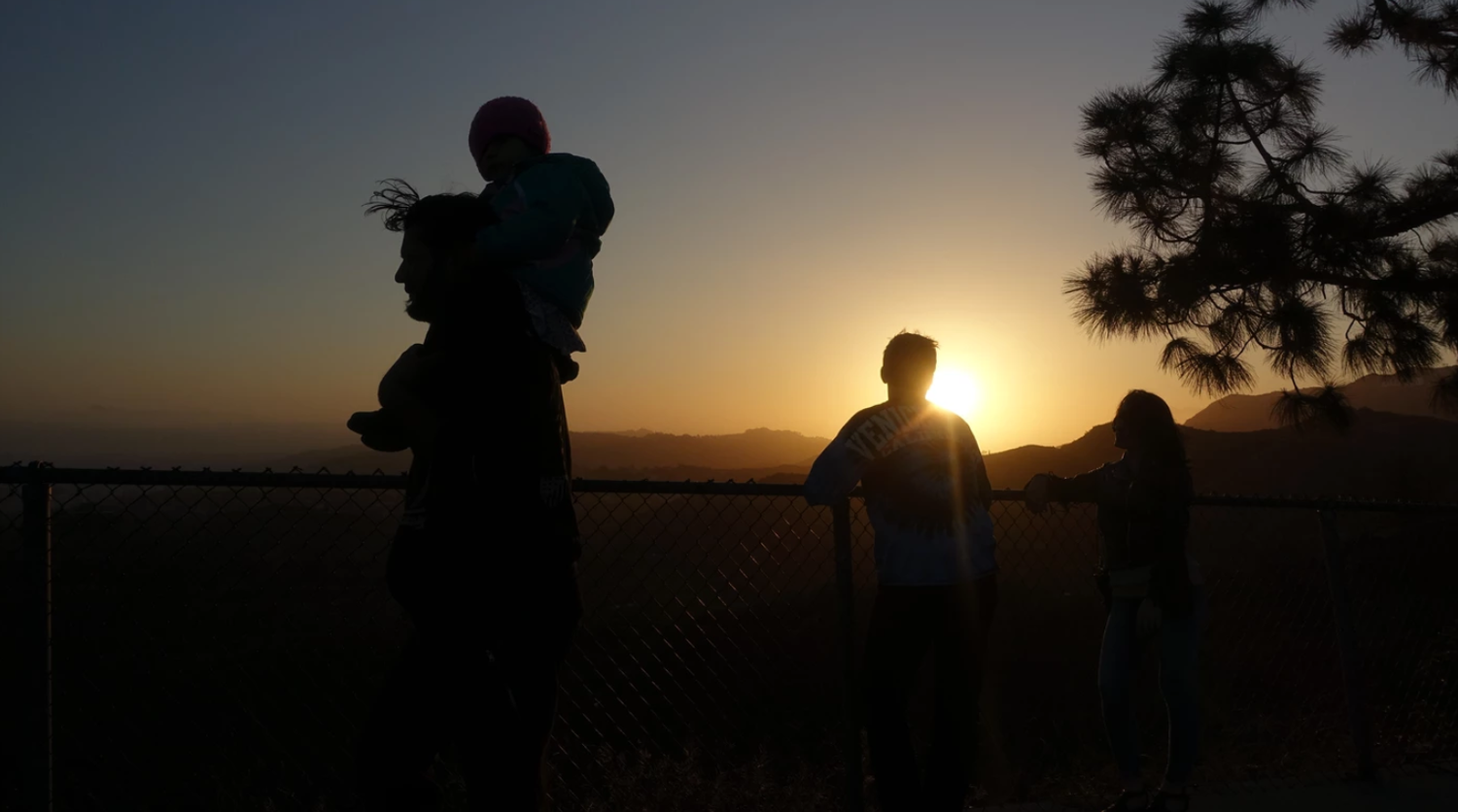 Silhouettes of people watching a stunning golden sunset over a mountainous landscape with a pine tree.