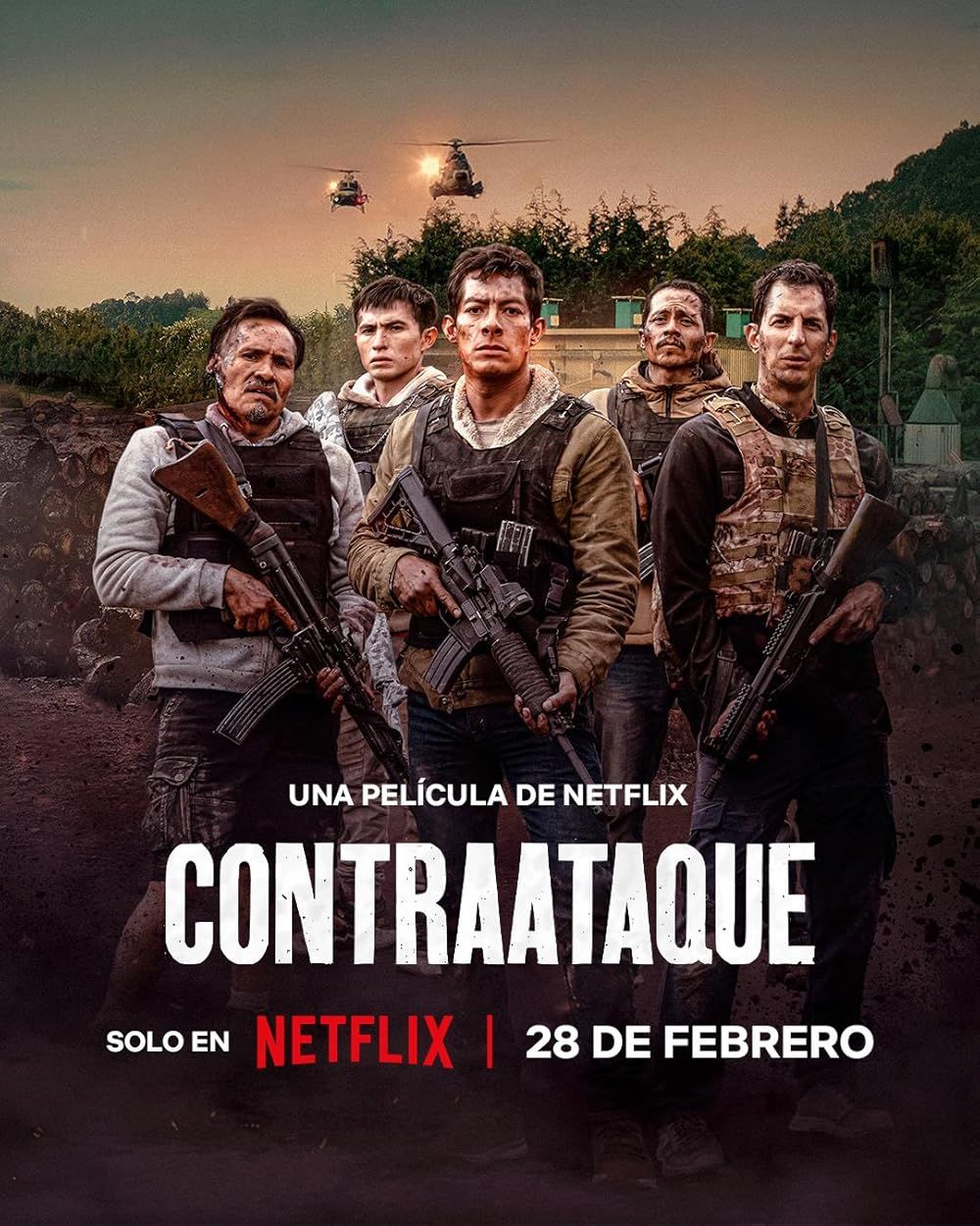 Five armed soldiers pose on the Netflix movie poster for Contraataque premiering February 28.