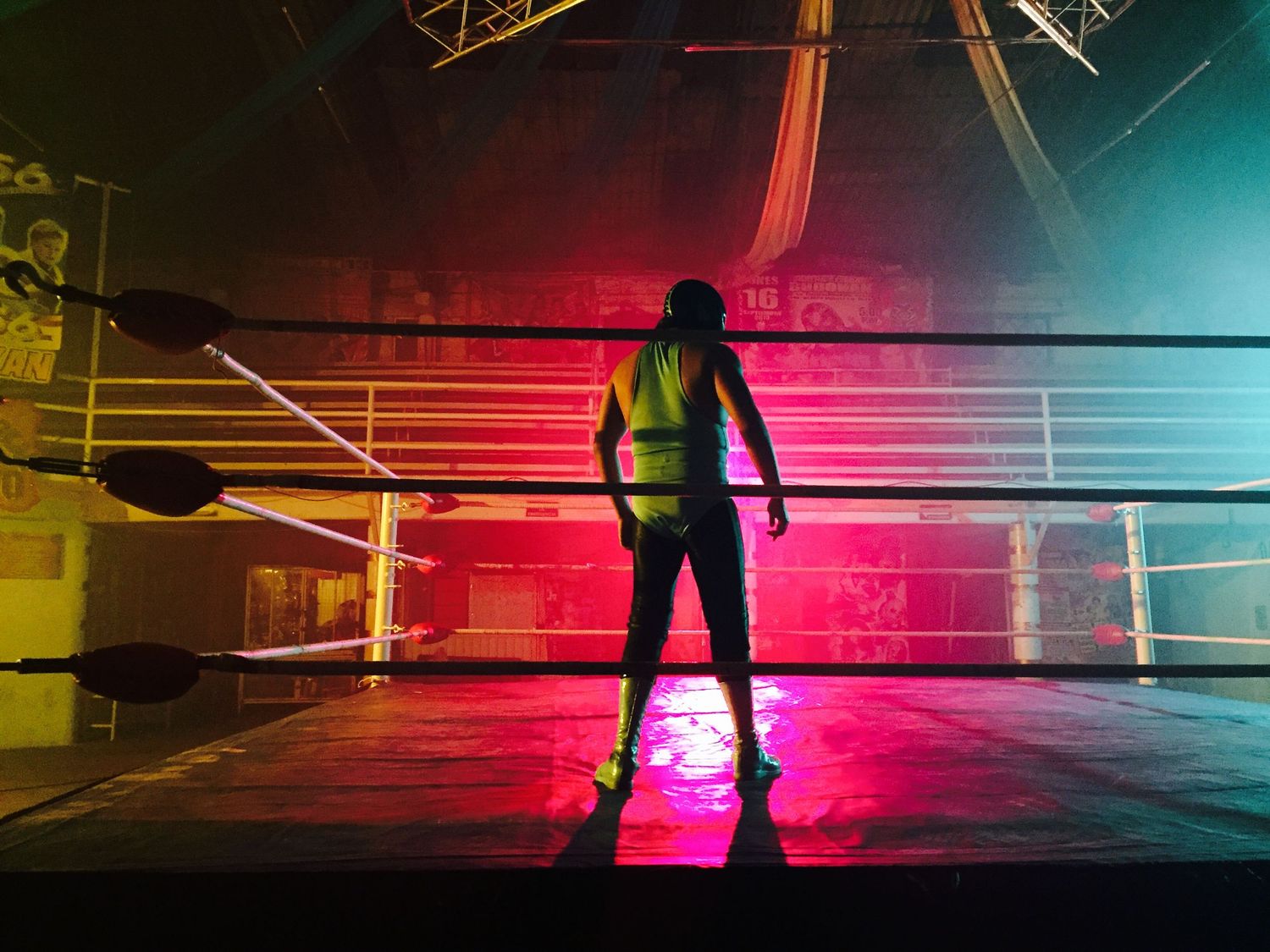 Dramatic silhouette of a wrestler standing in a boxing ring under colorful red and green lights.