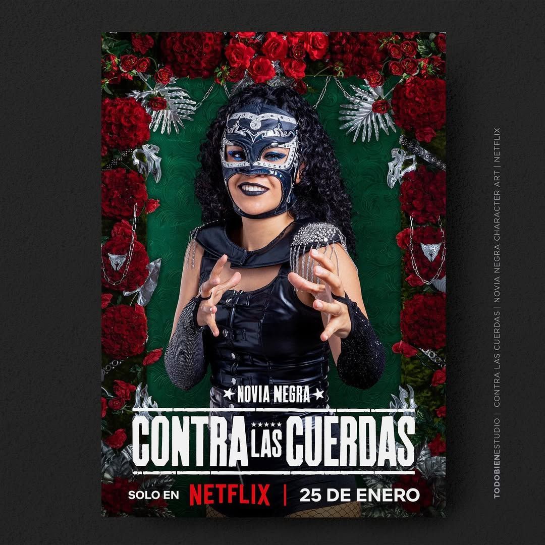 A masked wrestler poses among red roses for the Netflix series Contra las Cuerdas premiering January 25.