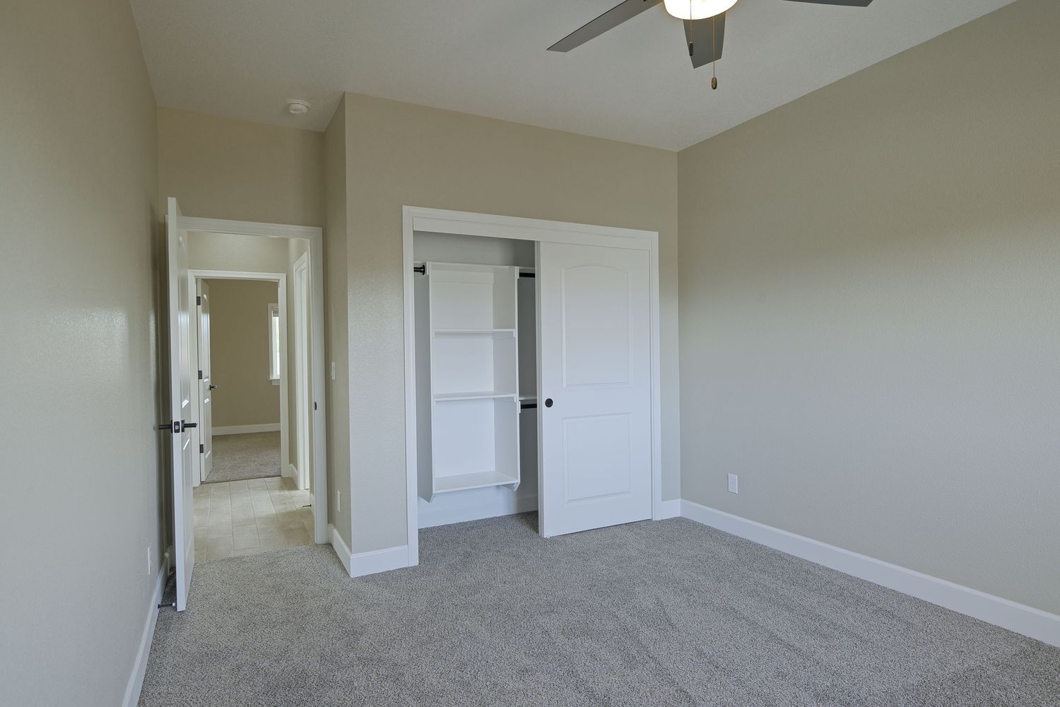 Modern bedroom interior with beige carpet, ceiling fan, and white trim features multiple doorways and natural lighting.