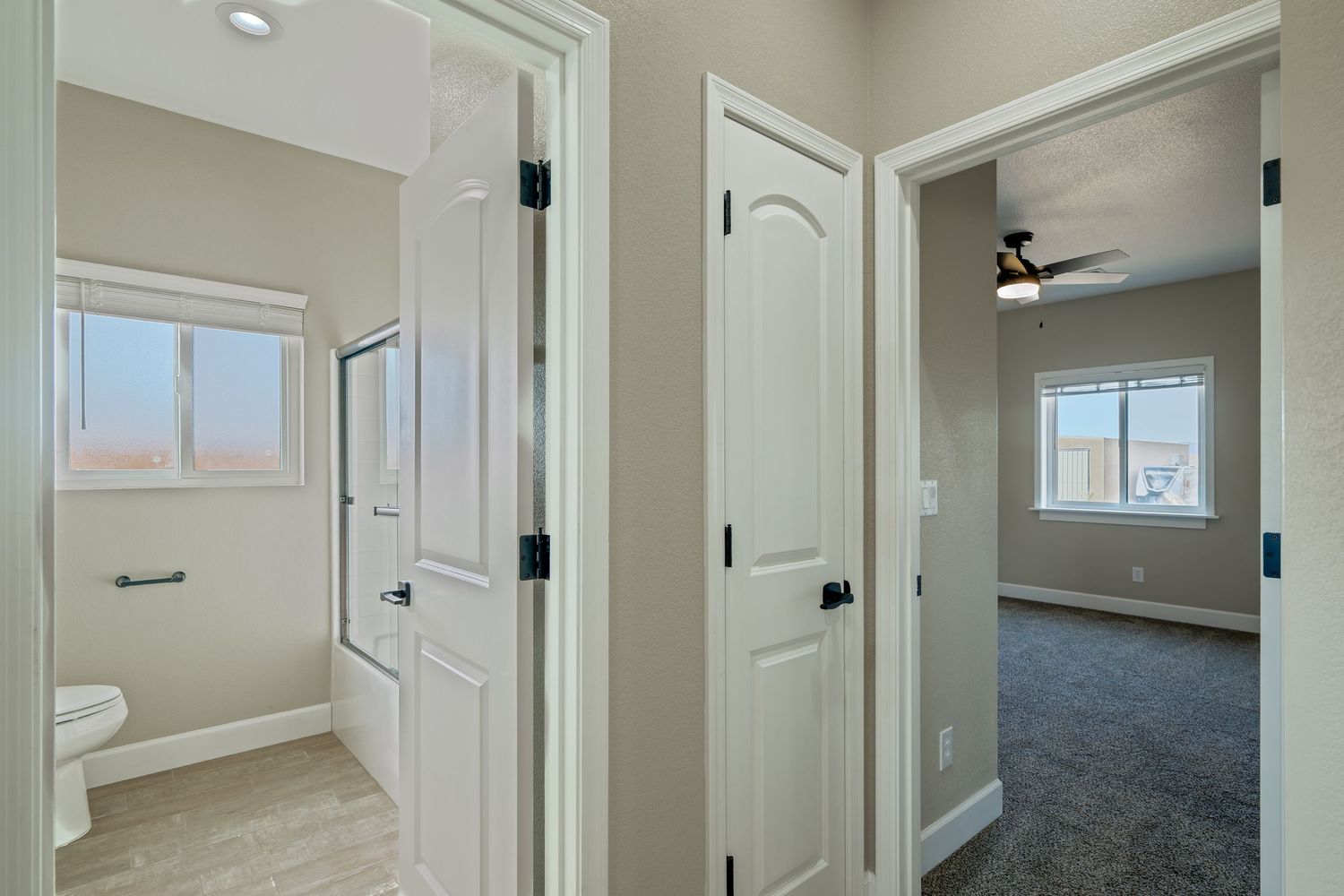 Interior hallway with beige walls, white trim, and multiple doorways showing carpeted rooms and natural lighting.