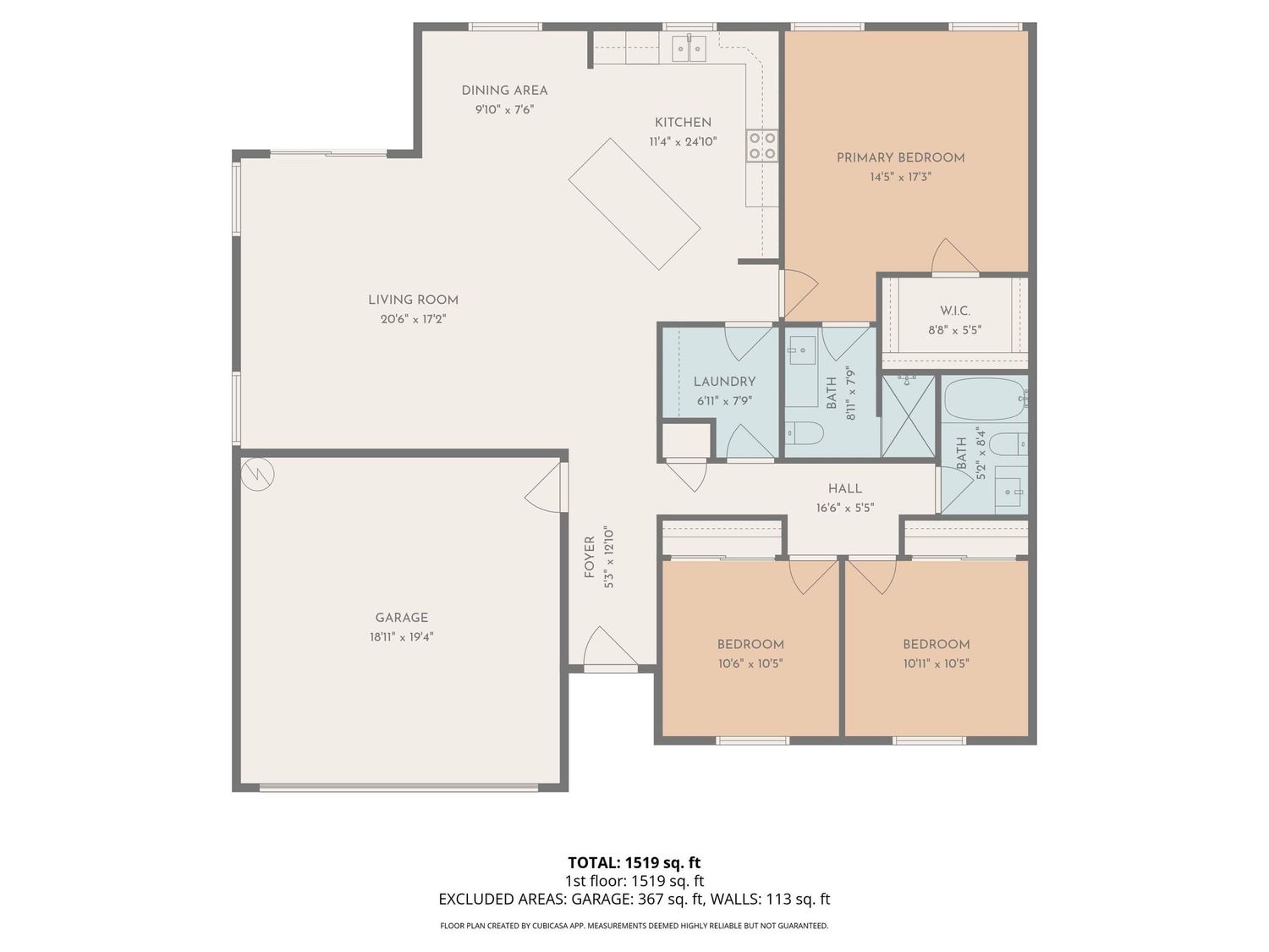 Single-story home floor plan showing 1519 sq ft with living room, primary bedroom, two bedrooms, and garage.