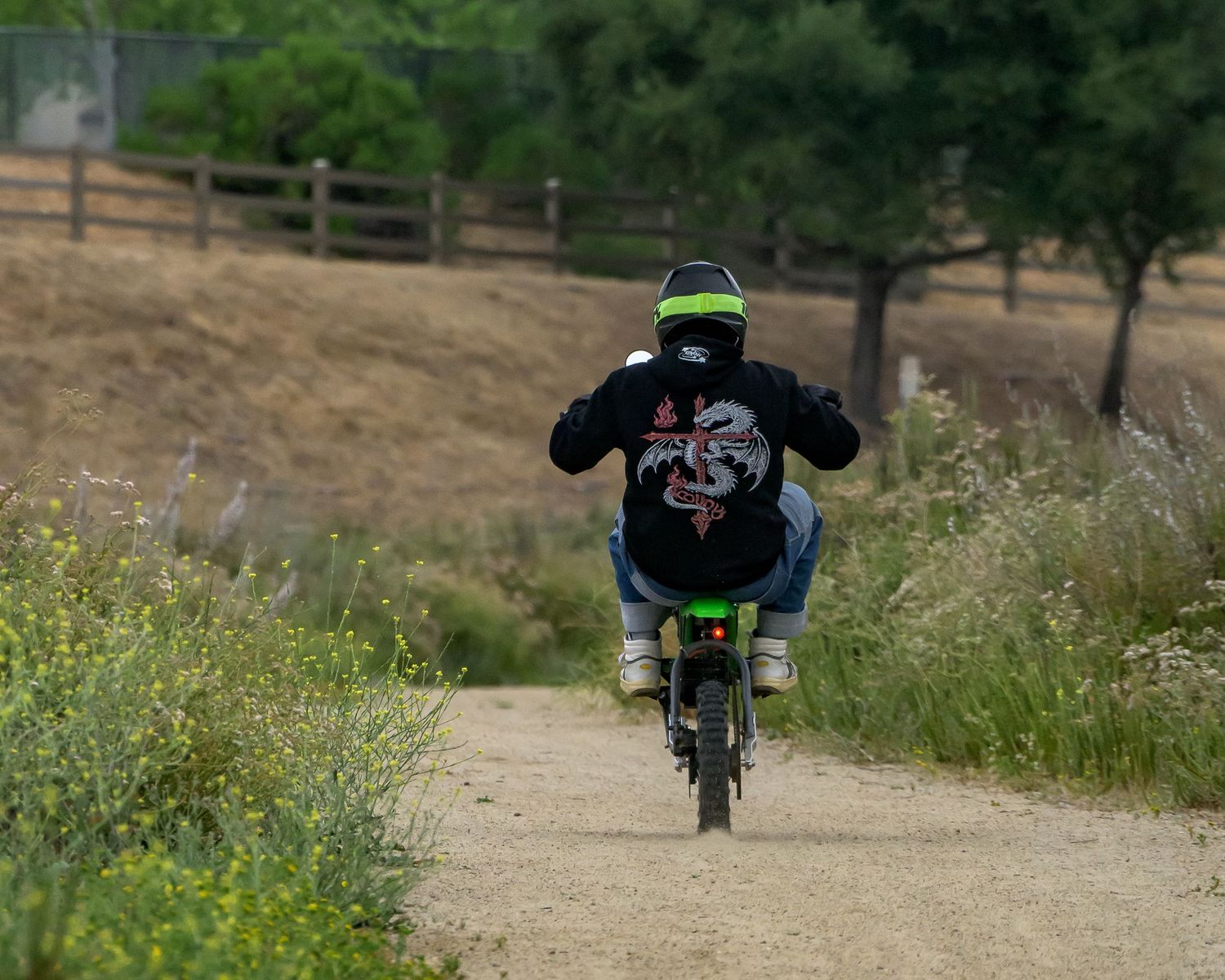 Motorcyclist in black jacket and green helmet riding dirt bike on rural gravel path surrounded by wildflowers.