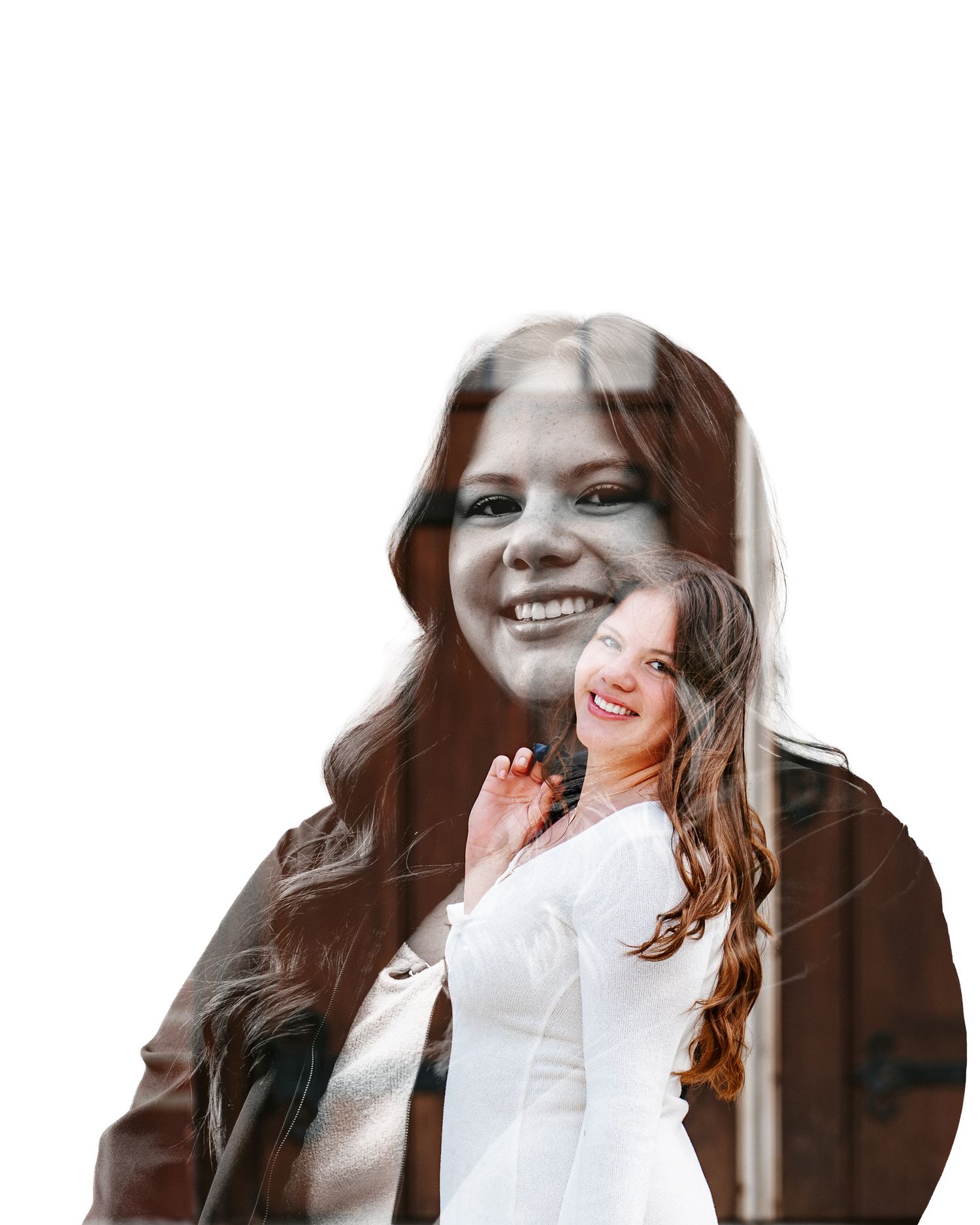 Double exposure portrait blending a smiling woman with long brown hair and a second woman in a white dress touching her hair.
