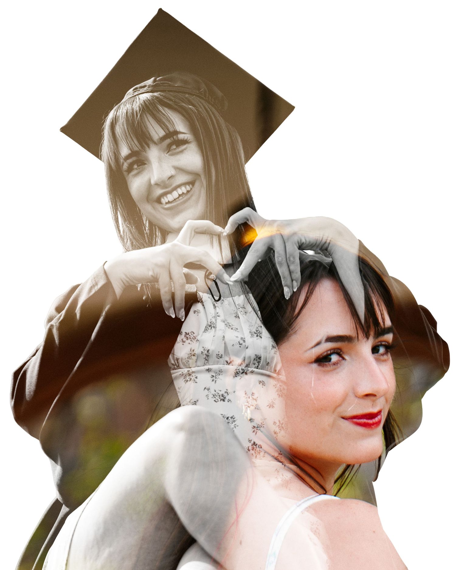 Double exposure of a smiling graduate in a cap making a heart with her hands over a portrait of a woman with red lipstick.