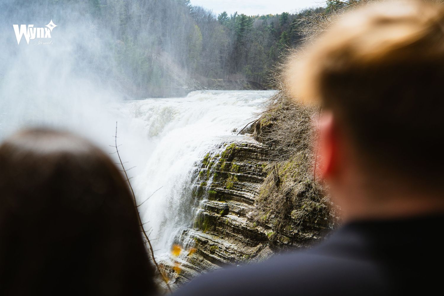 A couple seen from behind looks out at a large waterfall cascading over layered rock cliffs surrounded by trees.