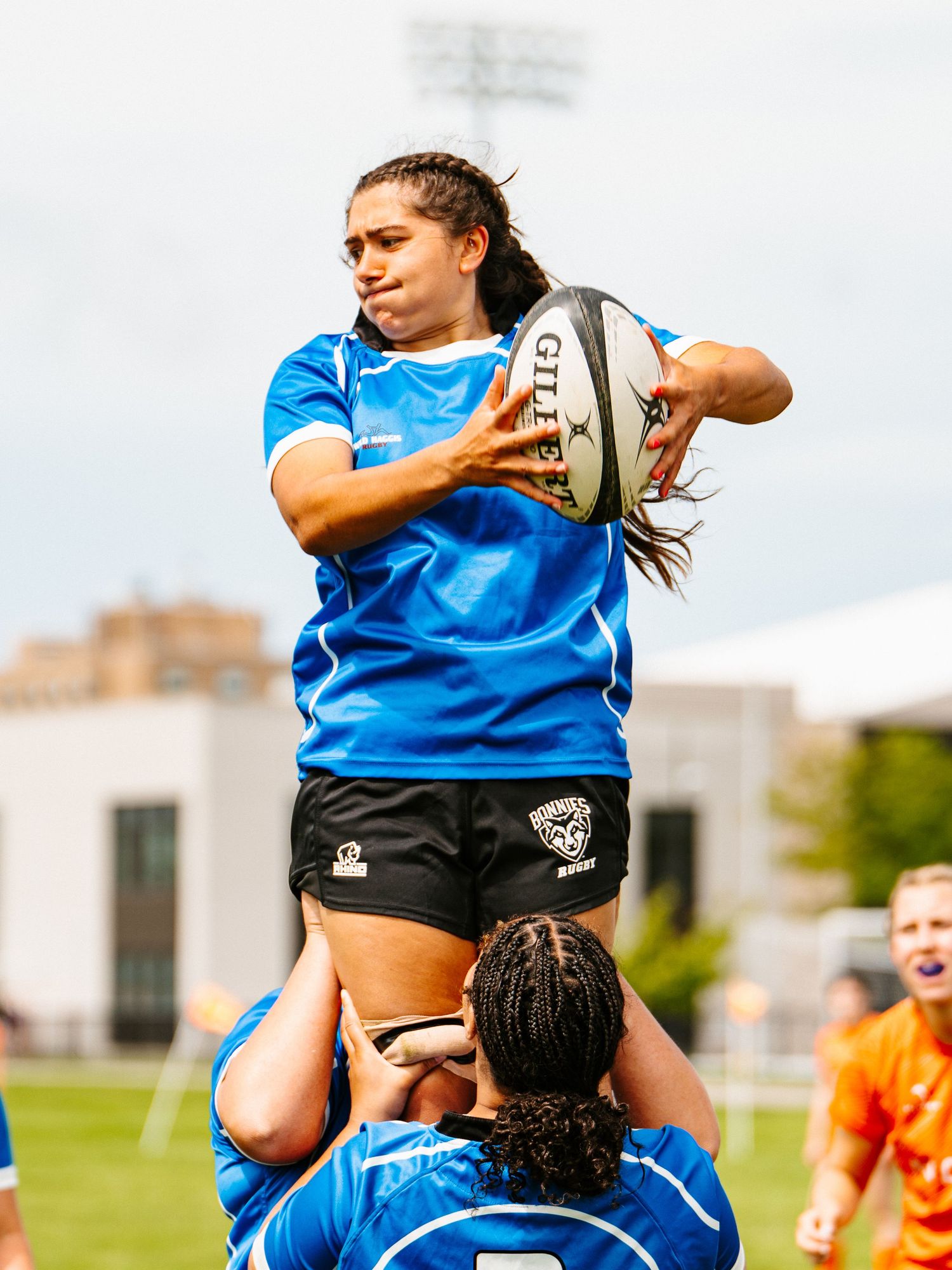 Bonnies Women's Rugby player, Chaela Brondu, catches the lineout.