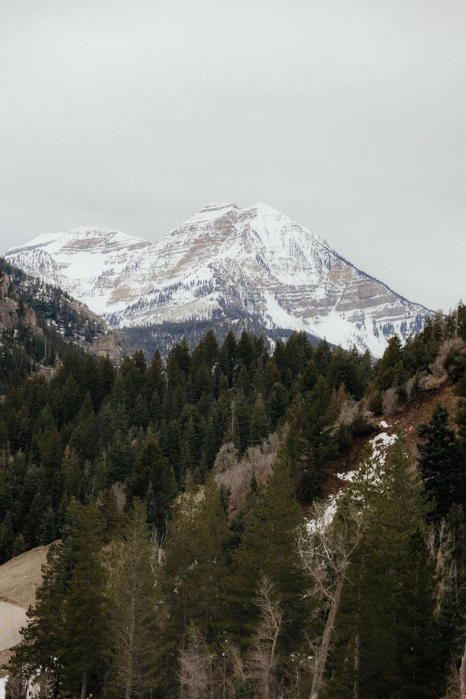 A snowy mountain peak rises above a forested landscape in this scenic winter landscape.