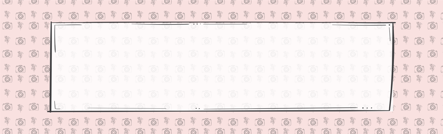 pink background pattern with a white text box. The background pattern has an illustration of a camera and a flower with a stem.