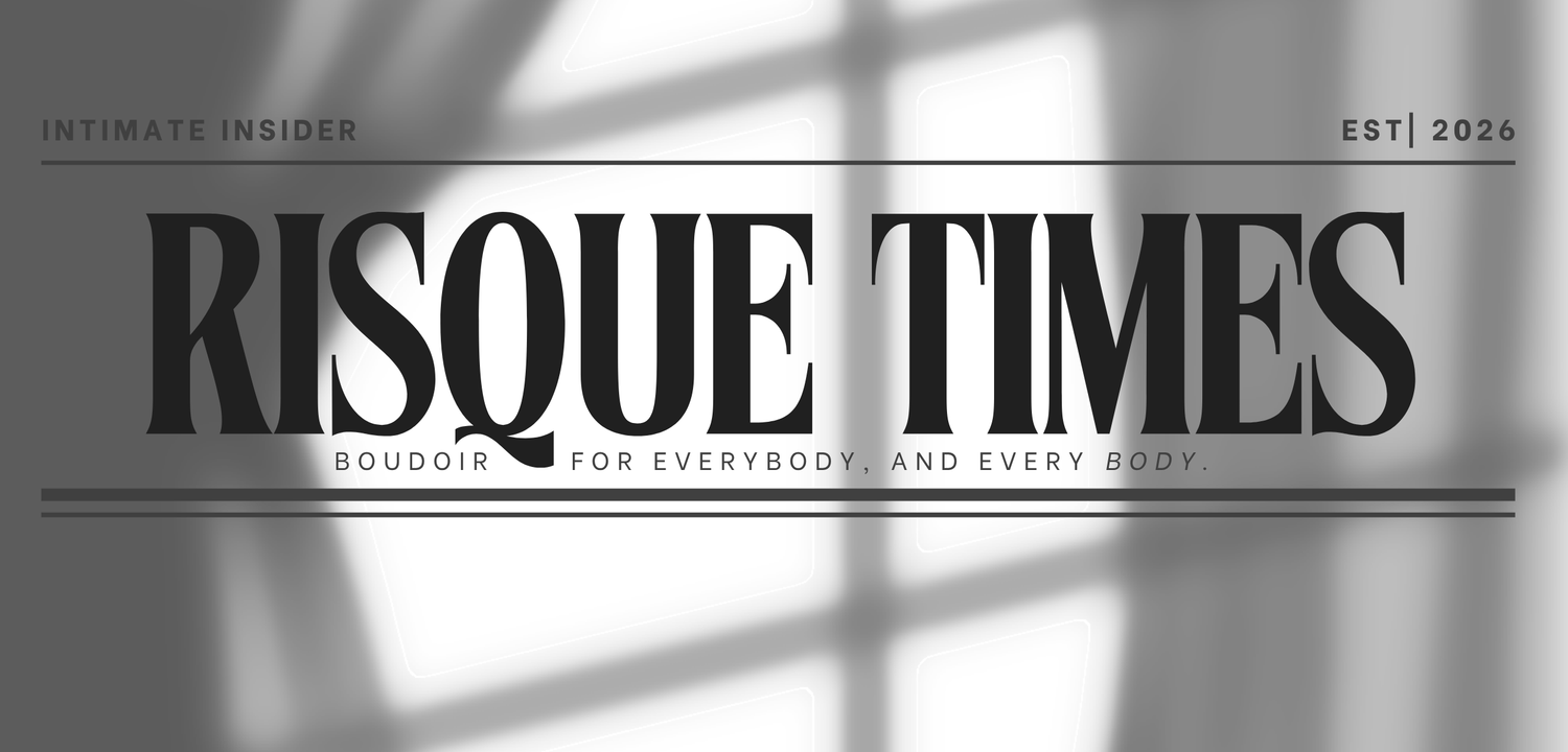 Risque Times boudoir photography magazine logo header in elegant black typography on gray background, established 2024.