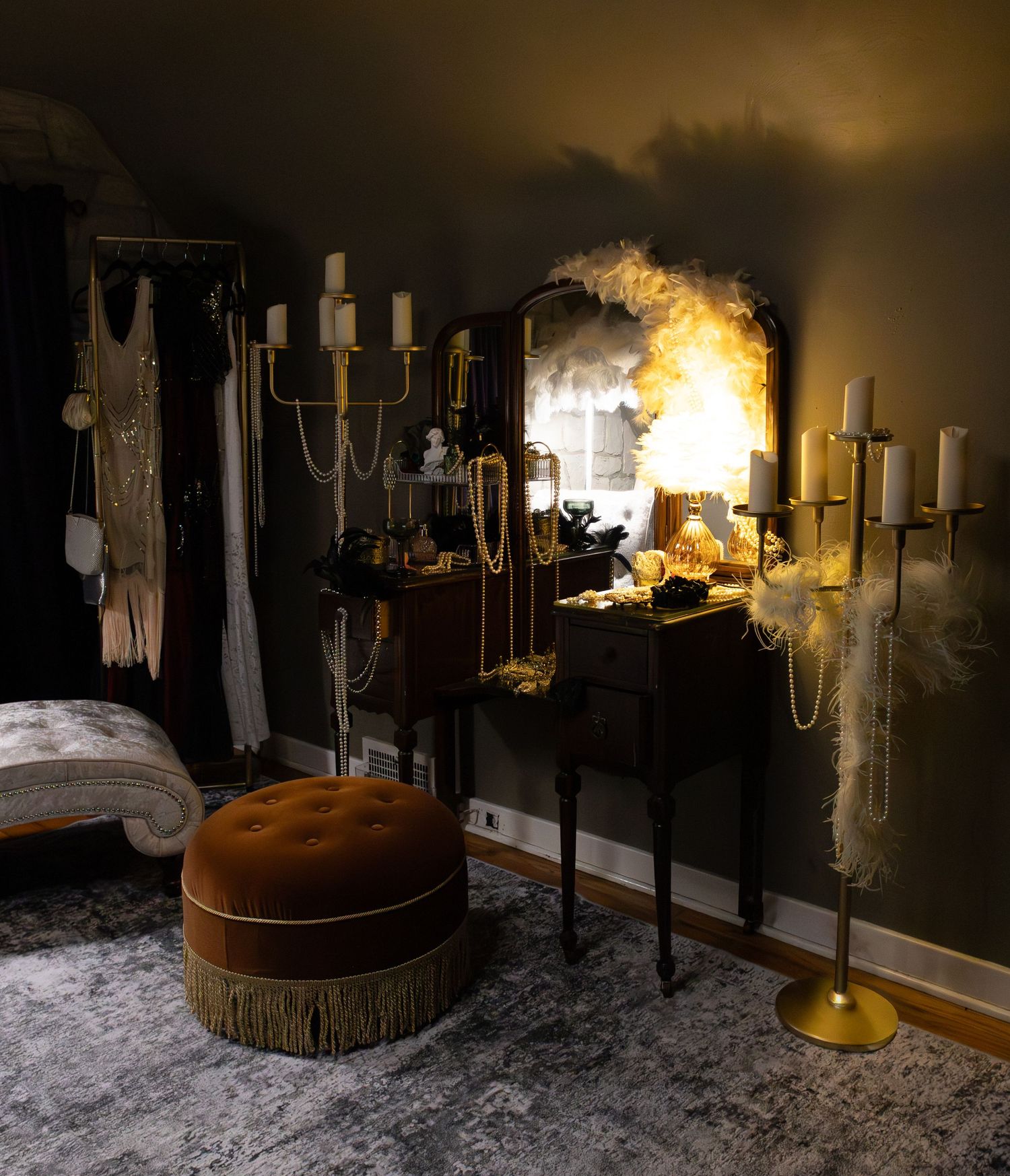 A vintage-style bedroom interior with warm lighting showcases antique furniture and decorative elements.