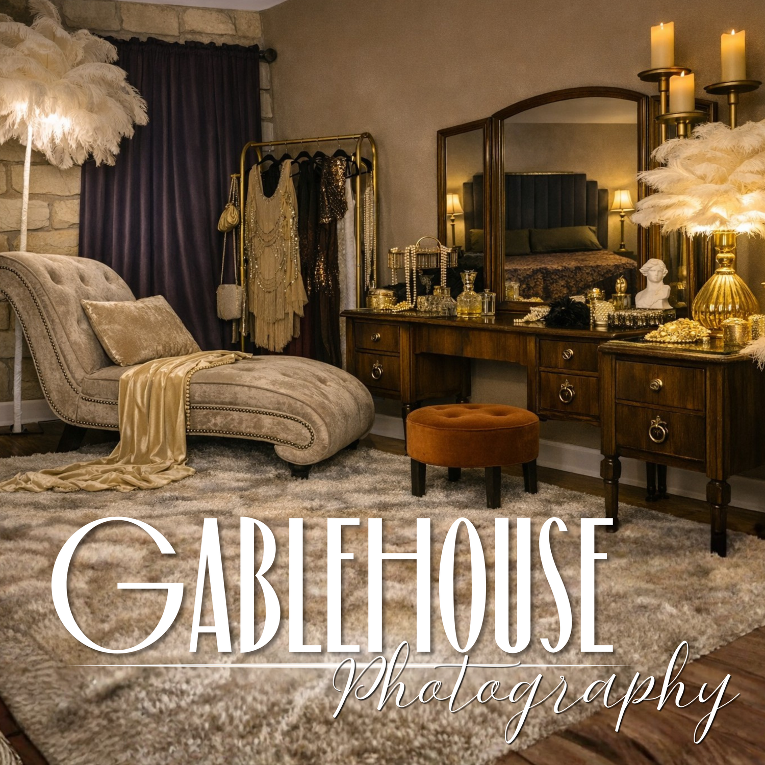 Elegant vintage photography studio with chaise lounge, vanity mirror, gold accents, and feather decor by Gablehouse Photography.