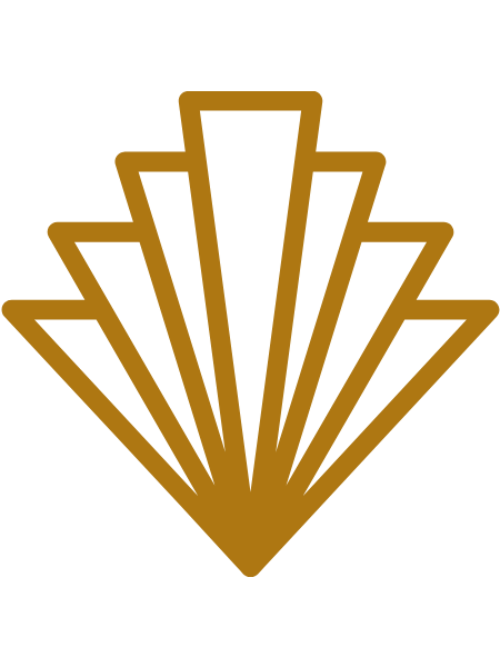 Gold Art Deco fan motif with radiating geometric lines, elegant vintage-inspired decorative emblem on white background.