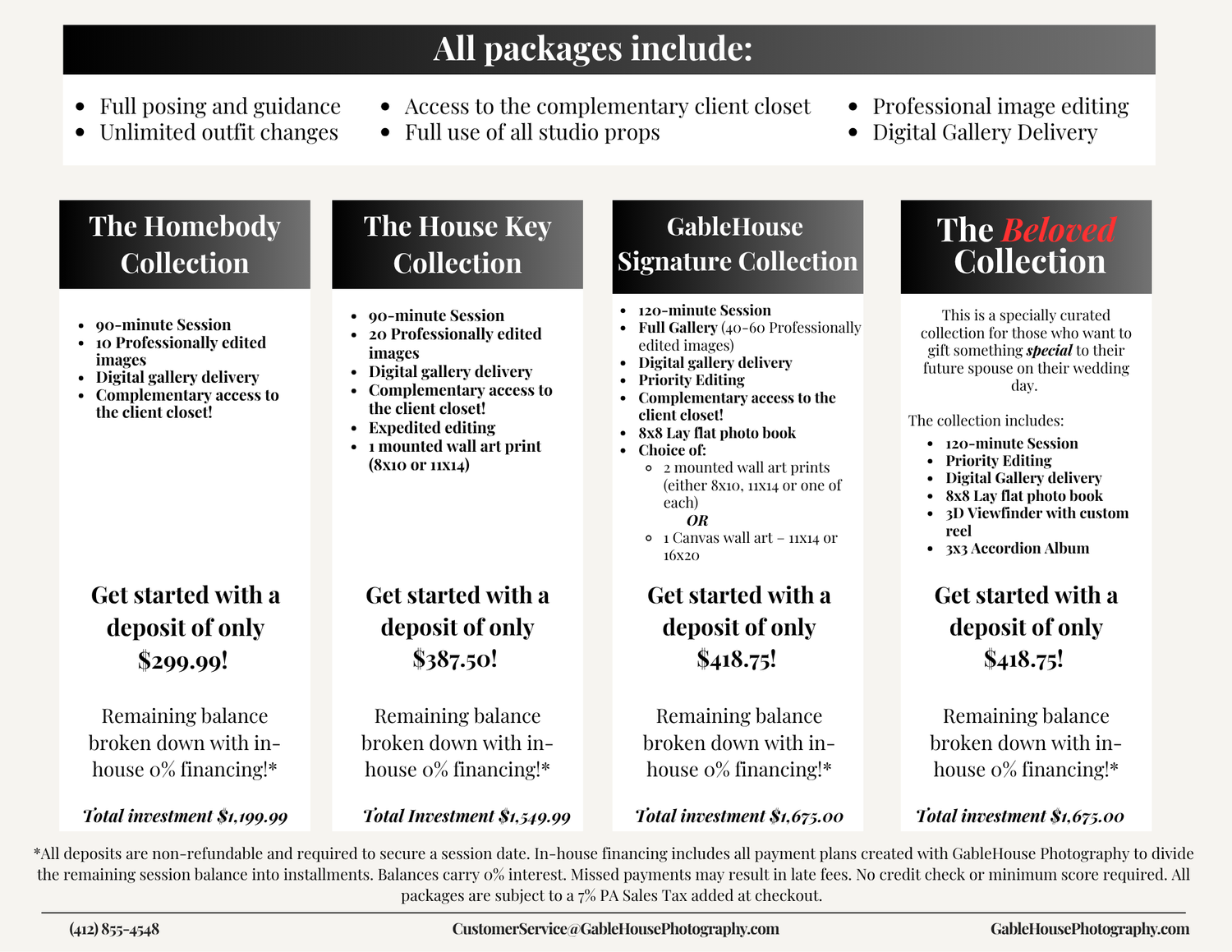 Photography packages pricing chart showing four tiers: Homeboddy, House Key, Gablestone Signature, and Red Collection.