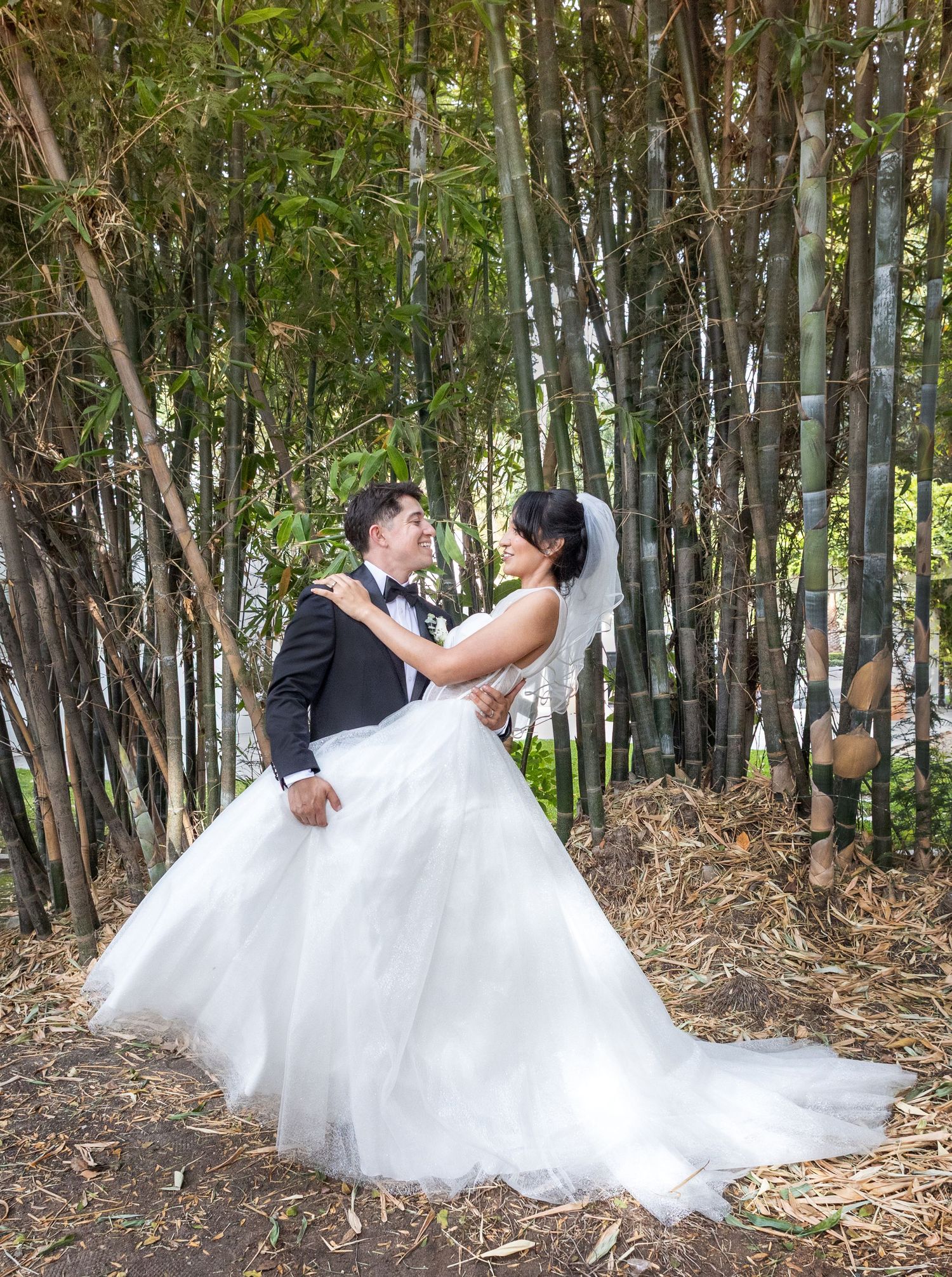 A romantic wedding photo captured in a bamboo forest with a flowing white gown and formal attire.
