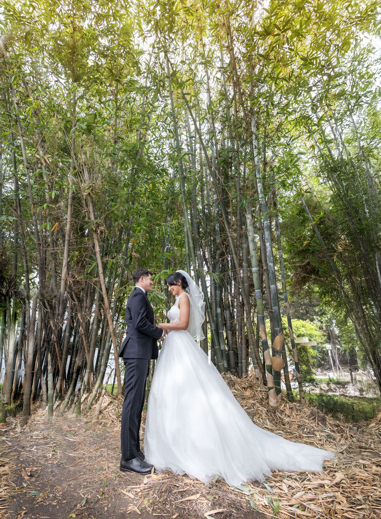 Newlyweds pose for romantic photos in a wooded outdoor setting.