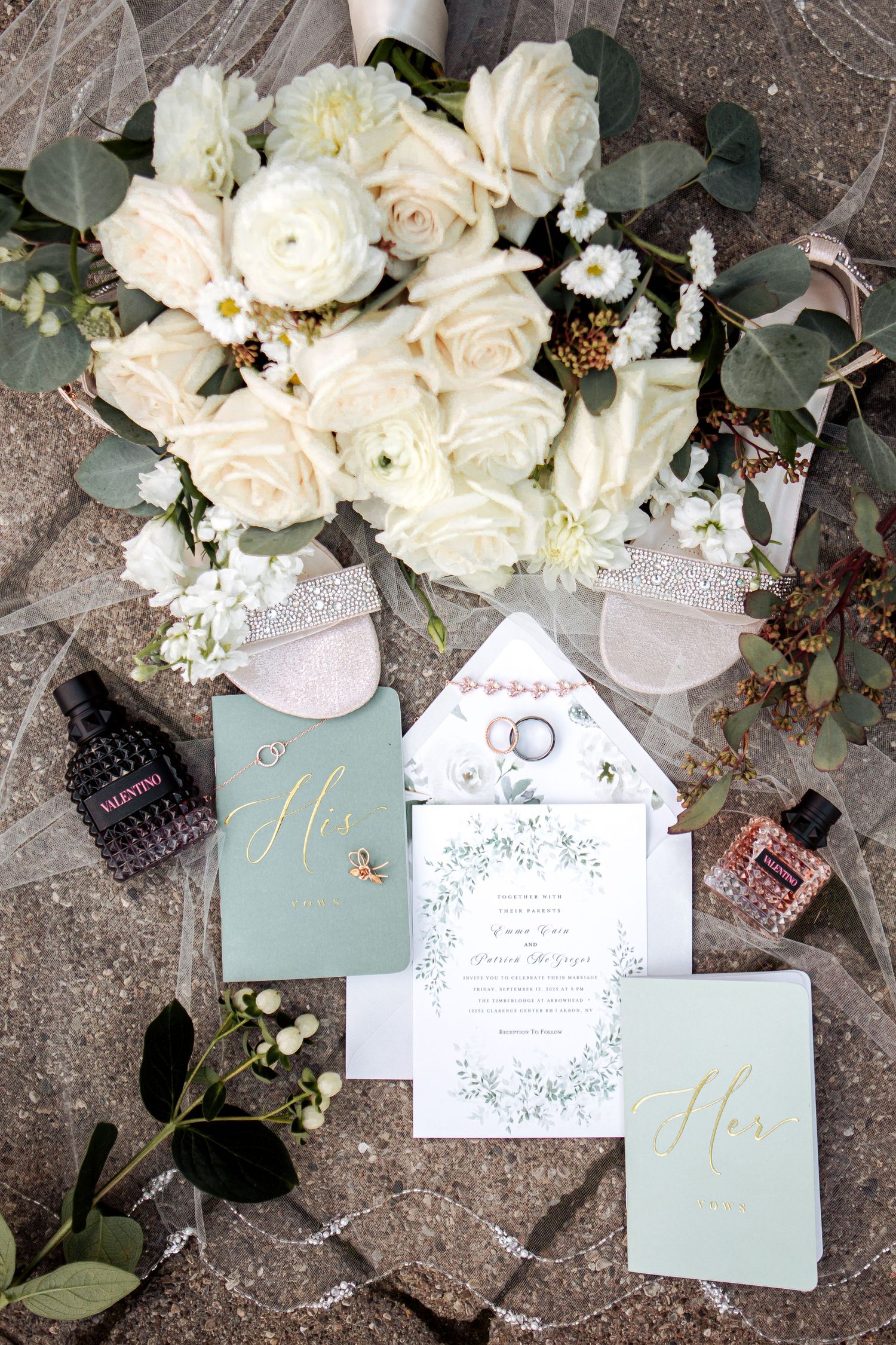 Wedding day details: Invitation, shoes, perfume, florals and veil.