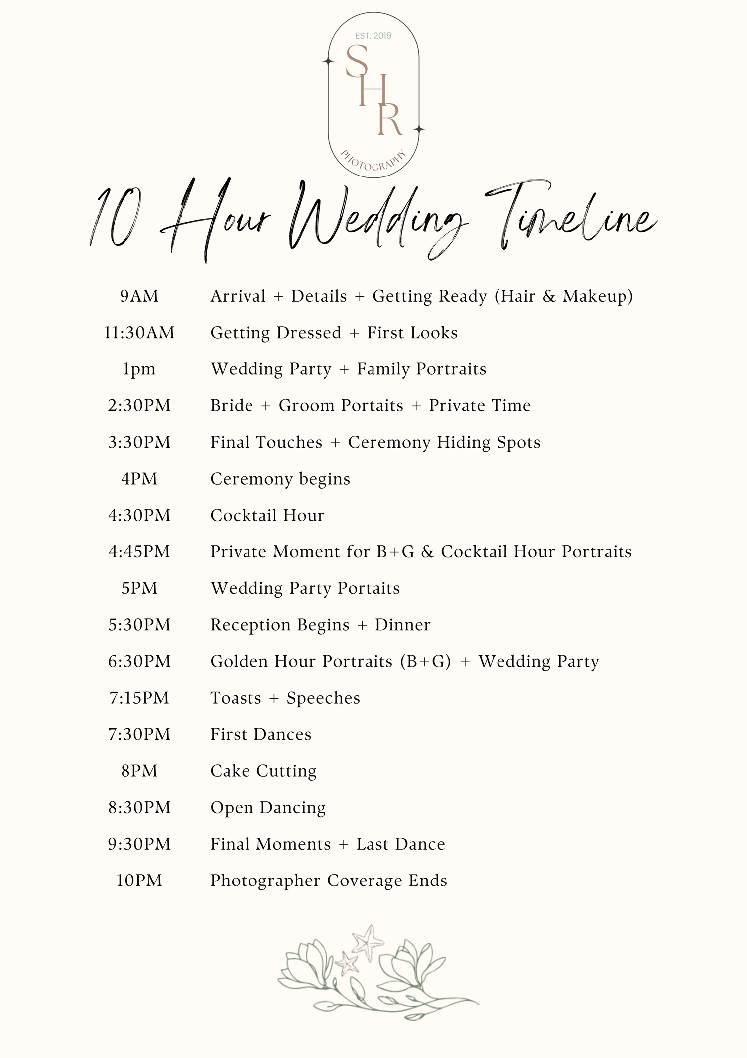 Professional wedding timeline listing key events and photo opportunities throughout the celebration day.