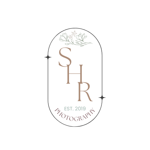 SHR Photography logo with elegant monogram letters, floral accent, and Est. 2019 text in a minimalist oval frame.