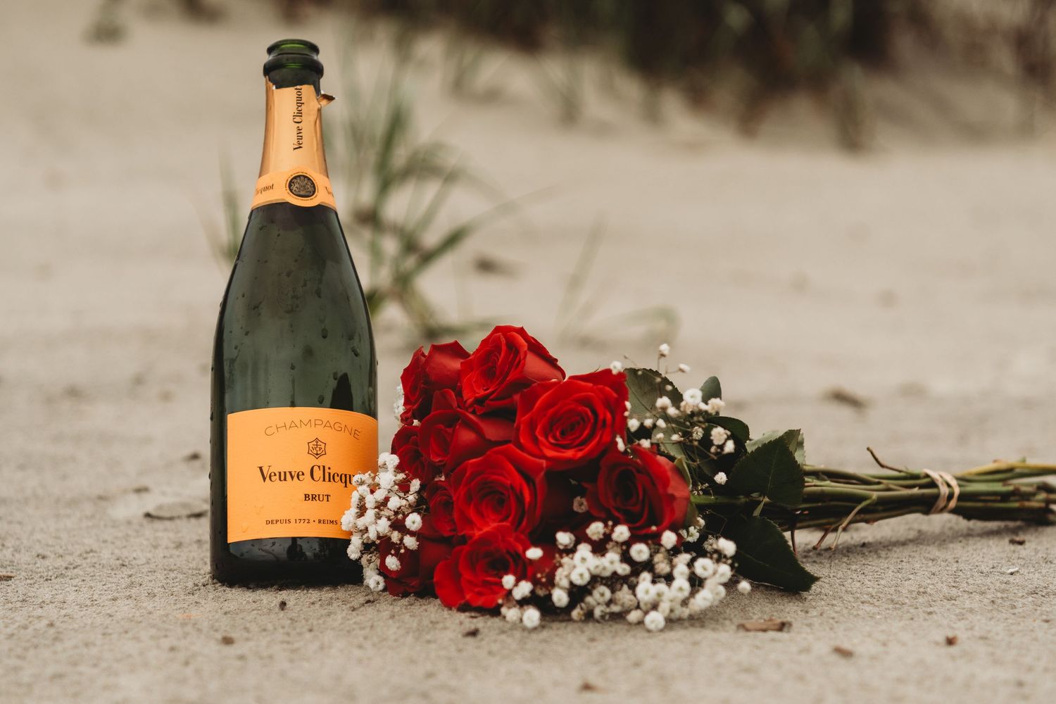 Veuve Clicquot champagne bottle with red roses bouquet and baby's breath on sandy beach.