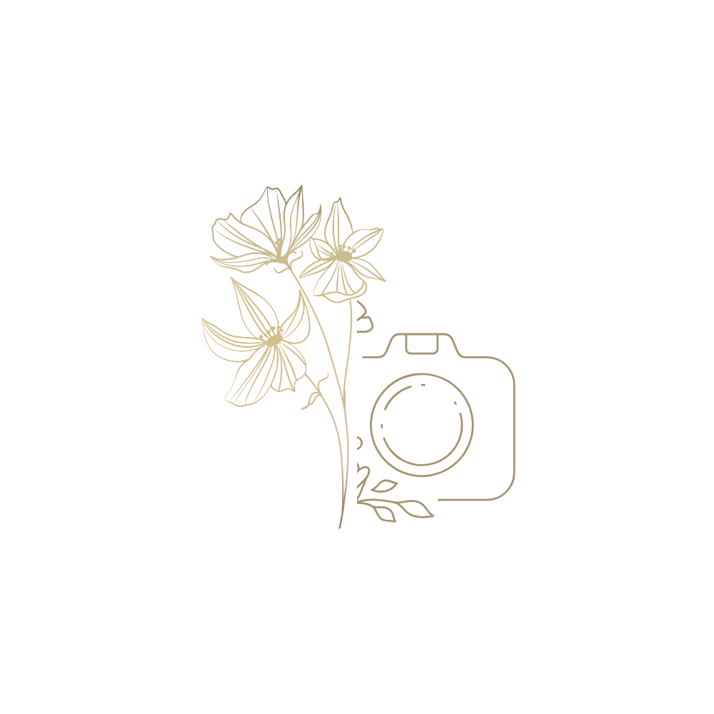 Minimalist line drawing of flowers with a camera icon in gold.