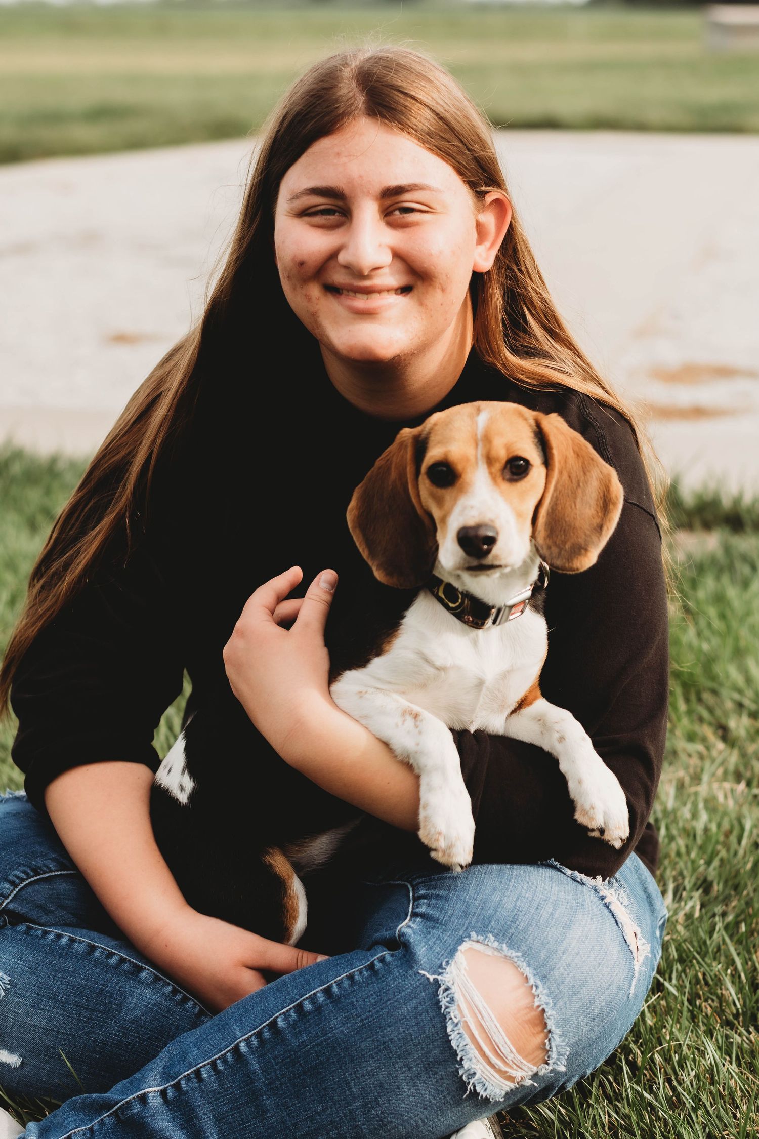 Person cuddles with adorable beagle puppy on grassy lawn.