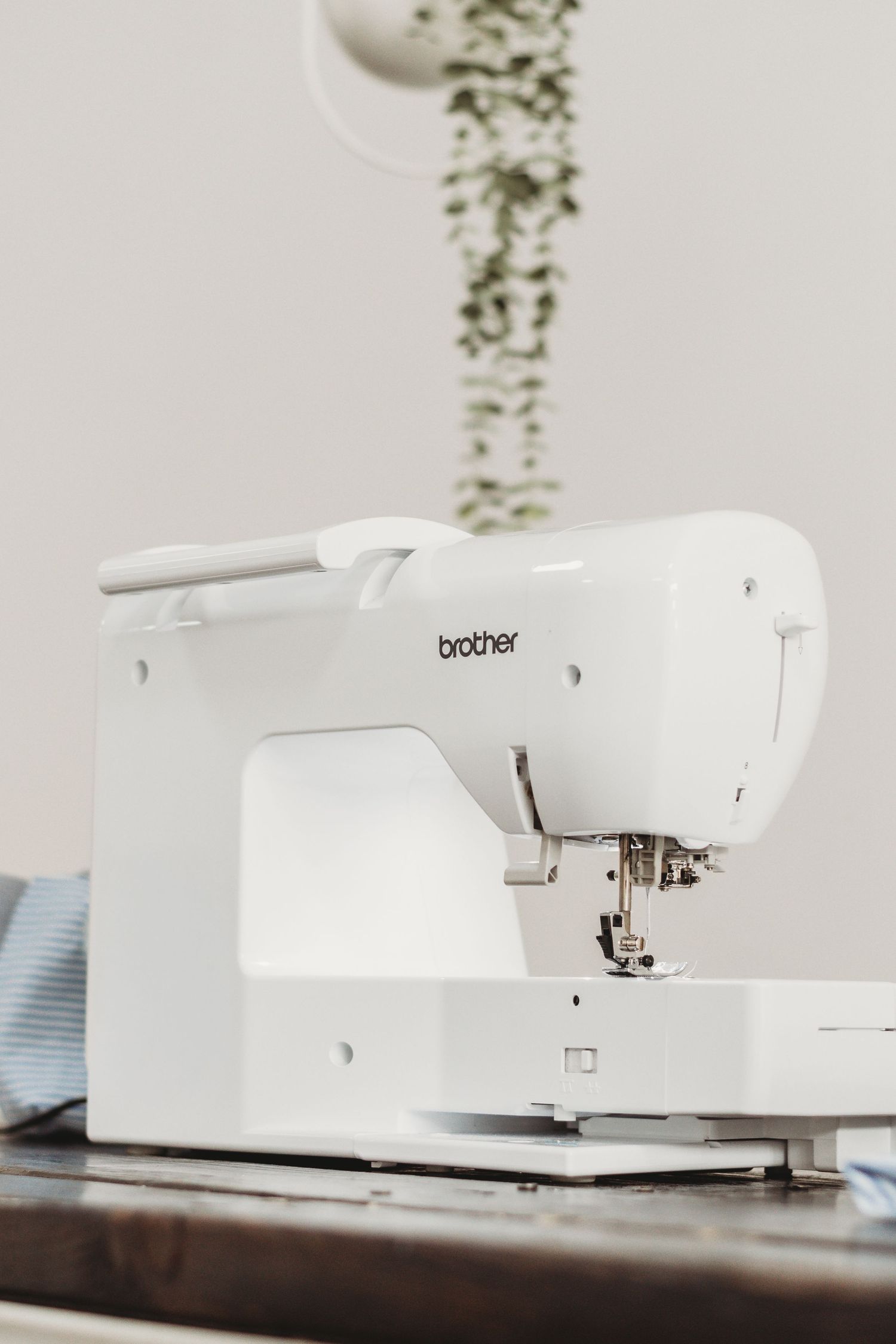White Brother sewing machine on a wooden table with a hanging plant in a bright, minimalist studio setting.