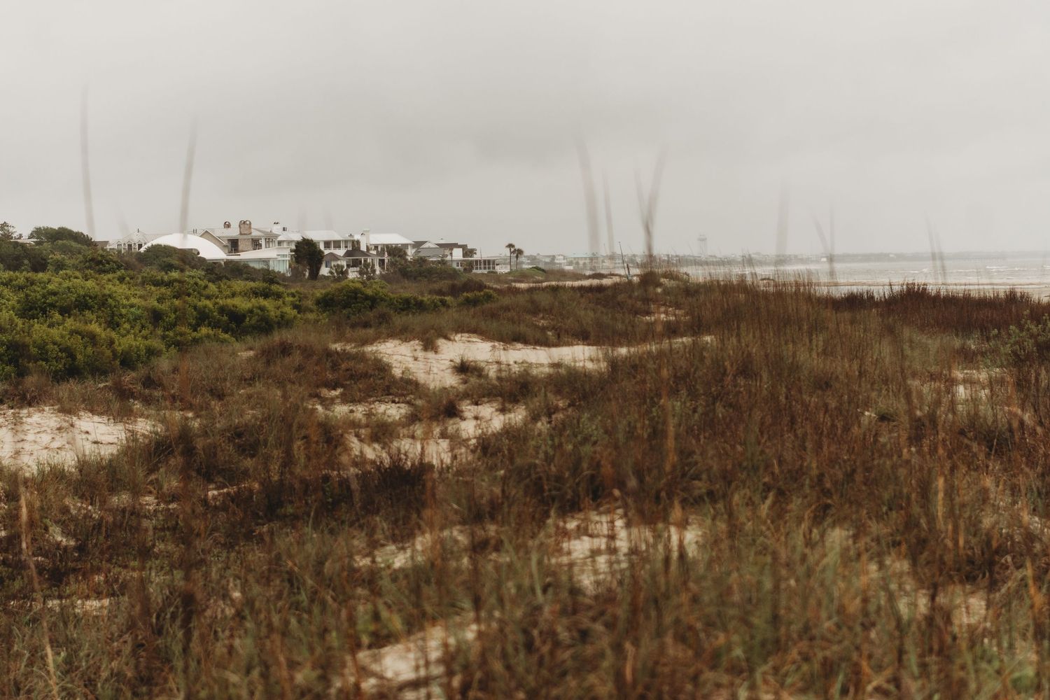 Sandy beach dunes with coastal vegetation and distant waterfront buildings under an overcast sky.