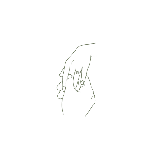Two hands gently touching in a minimalist line drawing illustration.