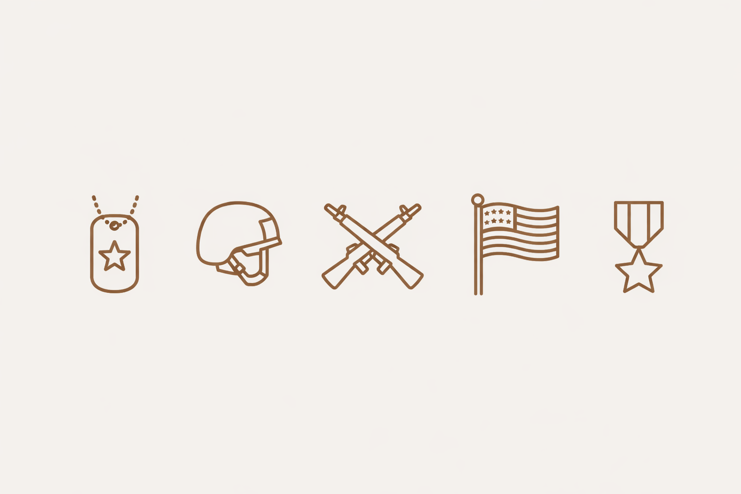 Simple line art icons featuring a mason jar, football helmet, crossed rifles, American flag, and military medal in brown outline style.