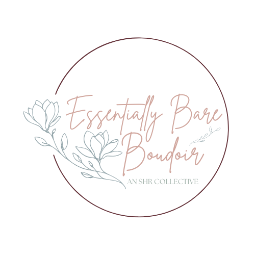 Elegant circular logo design for Essentially Bare Boudoir with delicate floral magnolia illustration in rose pink and gray.
