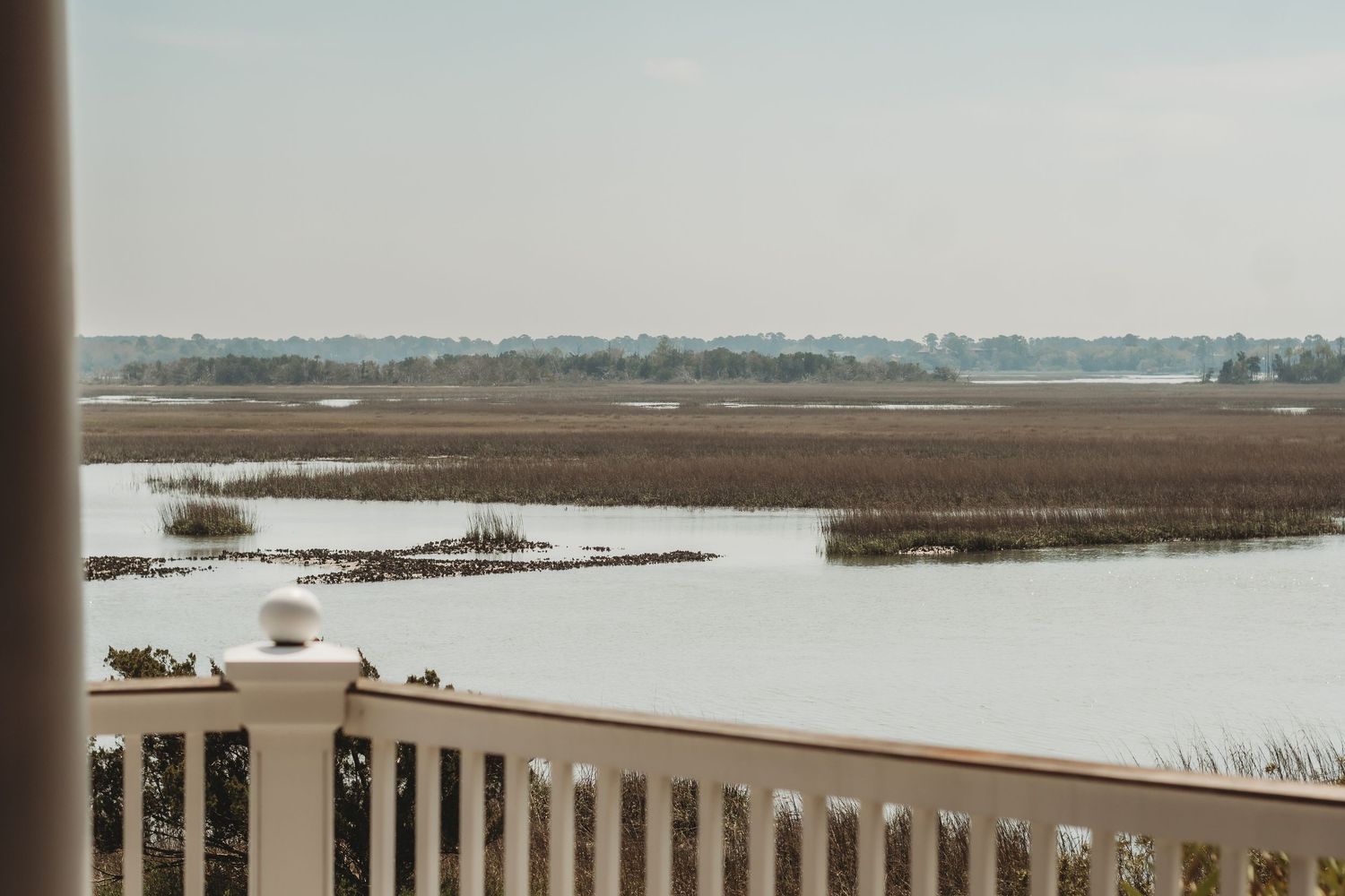 A scenic marsh view from a white railed balcony overlooking wetlands with tall brown reeds and calm water channels.
